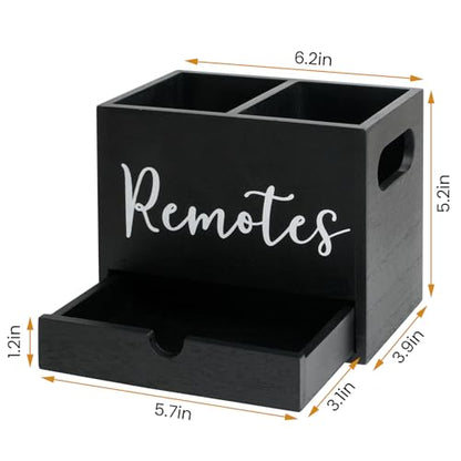 Remote Control Holder, Wooden TV Controller Holder, Desk Organizer with 2 Compartment and Drawers for TV & Office Supplies, Ideal for Tabletop (Black) - color: Black