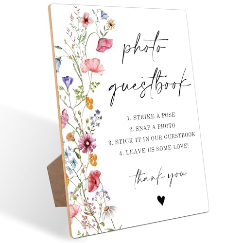 Photo Guest Book Sign, Flowers Bridal Shower Decorations, Guest Book for Party, Wedding Reception Table Decorations, Boho Wooden Sign with Stand for Wedding Reception And Bridal Party Decor, 11 - color: Photo Guest11