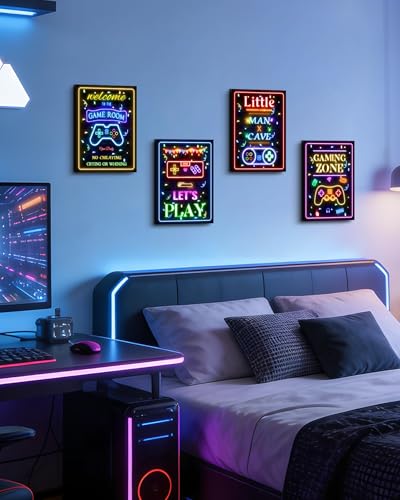 Video Game Decor for Teen Boys Gaming Wall Neon Sign Gamer Room Welcome Little Man Cave Teenage Bedroom Posters Decor Ready to Hang Set of 4, 12x16in (Framed) - size: 16L" x 12W" x 4 Panels