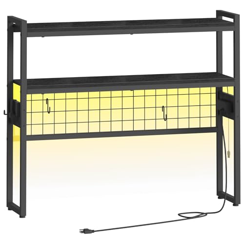 HOOBRO Desktop Bookcase, 37.4" Large Desk Shelf, 2-Tier Desktop Organizer, Wooden Office Storage Rack with Outlets, Display Shelf Rack with Light Strip, Desk Hutch for Office, Black BB13UDSJ01 - color: Black, size: 37.4"D
