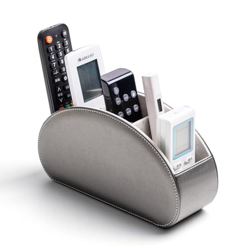 Remote Control Holders Organizer Box with 5 Compartment PU Leather Caddy | Multi-functional Office Desk Storage Caddy Store Tv Remote for Media Player,Brush,Pencil,Glassees&Office Supplies - color: Sliver, size: S