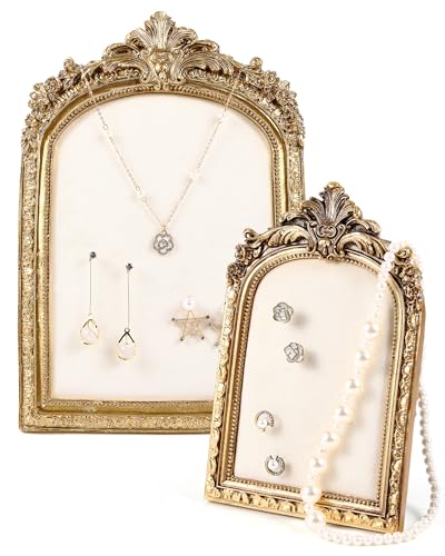 Wonderjune 2 Pcs Gold Jewelry Display Frame Vintage Jewelry Stand 10″, 7″ Resin Necklace Organizer Ring Holder Earring Tray for Photography Props Women Wedding Gifts(White,Large,Small,Elegant) - color: White, size: Large,Small, style: Elegant