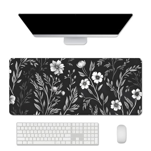 Black and White Mouse Pad Floral Desk Mat Large Desk Pad Alfombrilla para Mouse Gaming Mousepad with Stitched Edge Non-Slip Rubber Base for Work Study Gaming (27.5X11.8 in) - color: Black White Flora