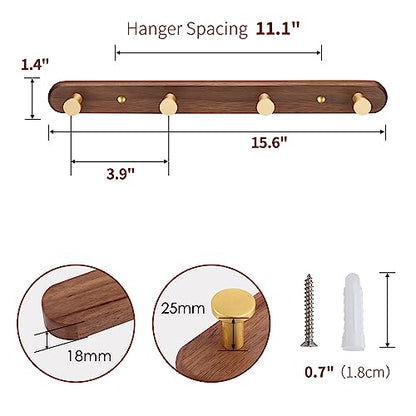 Wall Mounted Coat Rack, Entryway Hanging Rack, Metal Wood Coat Rail with 4 Rustic Hooks for Scarf, Bag, Towel, Key, Cup, Hat - Walnut Gold Matt - size: 4 Hooks - Round Shape