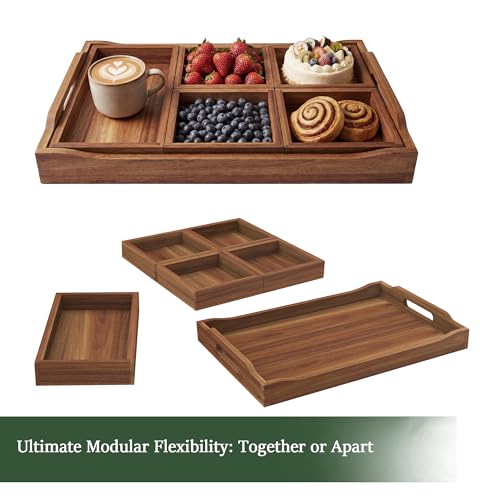 Serving Tray with 5 Removable Snack Boxes,Acacia Wood Snack Tray for Parties and Entertaining, Movie Night, Coffee Table and Charcuterie Serving - color: Snack Tray, size: Snack Tray