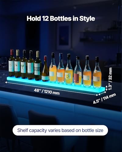 VEVOR LED Lighted Liquor Bottle Display, 1 Tier 48 Inches Whiskey Rack, Supports USB, Illuminated Home Bar Shelf with RF Remote & App Control, 7 Static Colors, Acrylic Lighted Shelf for 12 Bottles - size: 1 Step 48 Inches