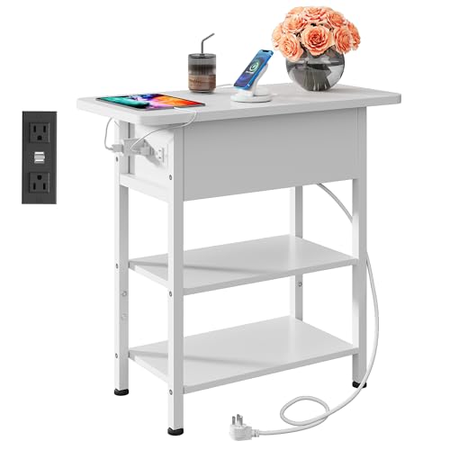 WLIVE End Table with Charging Station, Flip Top Side Table with Storage Shelf, Sofa Couch Table with USB Ports and Outlets, Narrow Bedside Table for Living Room, Bedroom ,11.81"D x 23.62"W x 24.33"H - color: White