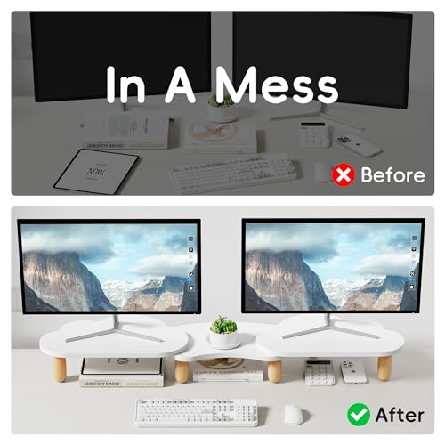 AFOOYO Dual Monitor Stand Riser,Rainbow Cloud Desktop Computer Stand for 2 Monitors,Adjustable Length and Angle Multifunctional Desktop Organizer Stand for Laptop, PC, Computer, Printer,White