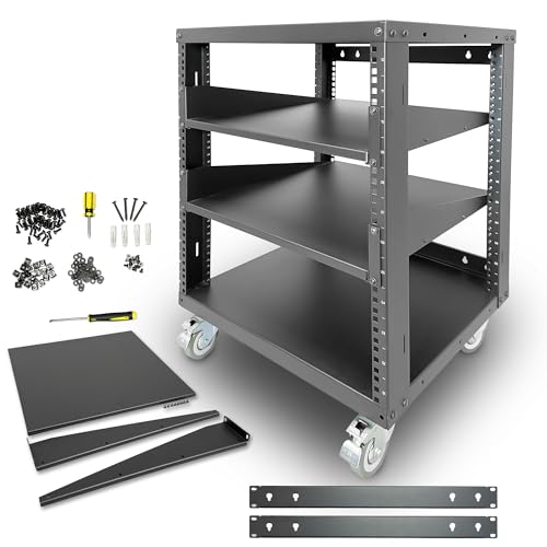 AxcessAbles 12U Open Frame Network & AV Rack with Caster Wheels, Two 2U Shelves, 10-32 & Cage Nut Compatible Rails, Cage Nuts, Screws, Cage Nut Tool & Wall Mount Kit | 19-Inch Rack - size: 12U - 2 Shelves