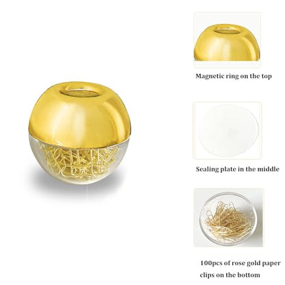 Magnetic Paper Clip Holder, Gold holder with Gold PaperClips 100pcs 28mm(1.1") Cute Office Supplies for Desk Organizer - color: Gold