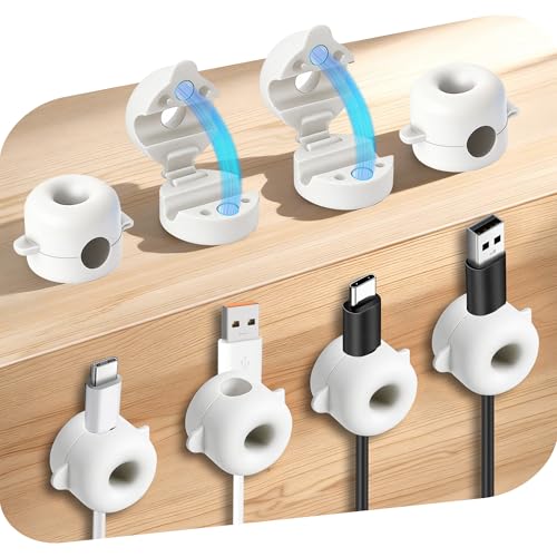 8-Pack Magnetic Cable Management Clips for home office desk, Cord organizer | reusable, strong adhesive, silicone wire staples keeper, stick-on wire holder clamps, work on wall, nightstand, car dashboard - color: White