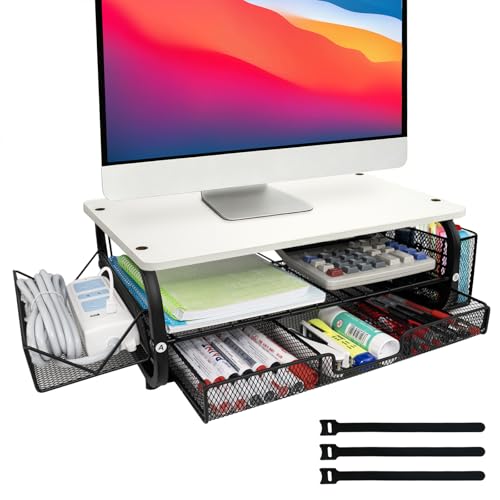 Desk Organizers and Accessories Monitor Riser, Monitor Stand with Drawer (2-Tier Drawers) with Large Side Storage Rack & Cable Management,66LBS/30KG, Office Organization, White - color: White