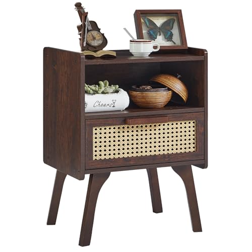 Lerliuo Rattan Nightstand, Bedside Table with Drawer Open Shelf, Cane Accent Side End Table with Solid Wood Legs, Walnut Vintage Night Stand for Bedroom, Dorm and Small Spaces - color: Walnut, size: 1 pack