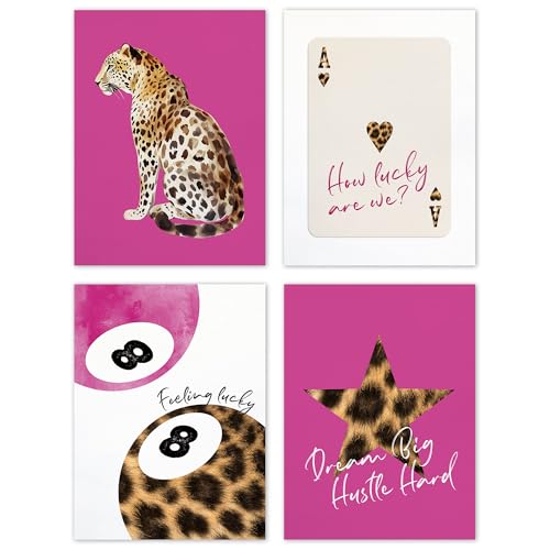 TLESKE Hot Pink Preppy Cheetah Leopard Posters Unframed 12x16 Set of 4 | Hot Pink Trendy Lucky 8 Balls Wall Art Prints Decor for Teen Girls Dorm Bedroom, Retro Cheetah Print Wall Pictures - color: hot pink cheetah, size: 16L" x 12W"