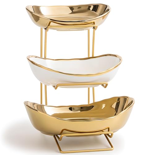 Gold Silver Fruit Bowl with Metal Stand, 3 Tier Ceramic White Fruit Bowl Fruit Rack for Kitchen Counter, Tiered Fruit Basket for Snacks Bread Candy Storage (Gold (Smooth Surface)) - color: Gold (Smooth Surface)