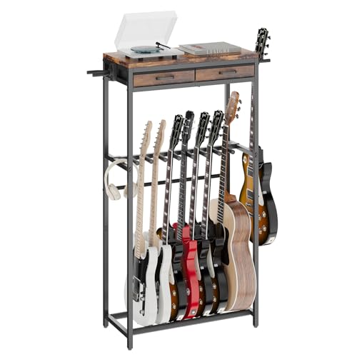 ELYKEN Guitar Stand, Guitar Rack with 2 Hangers and Storage Drawers for Guitar Accessories, Multiple Guitar Holder for Acoustic Electric Guitar, Bass, Instrument, Music Studio, Rustic Brown - color: Rustic Brown, size: 7-9 Guitars