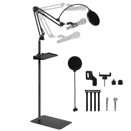 Mic Stand Floor Boom Arm for Blue Yeti, Nano, Snowball, HyperX QuadCast, SM7B MV7, Fifine K688 and More Mic, Boom Mic Stand Clip Holder with 3/8" to 5/8" 1/4" Screw,Pop Filter Mic Clip Cable Ties,Tray