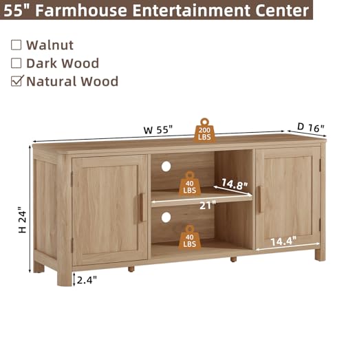Joaxswe Farmhouse 55" Entertainment Center, Natural Oak Tv Stand with Adjustable Shelves & 2 Door Storage,Wood Media Console Cabinet for TVs Up to 65 inches, Rustic Tv Stands for Living Room,Bedroom - color: Natural