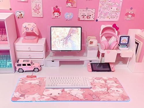 JMIYAV Pink RGB Gaming Mouse Pad 31.5x12 Inch PC XL Large Extended Glowing Led Light Up Desk Pad Non-Slip Rubber Base Computer Cute Mousepad Mat Desk Accessories Gaming Setup Dreamy Cats - color: Dreamy Cats