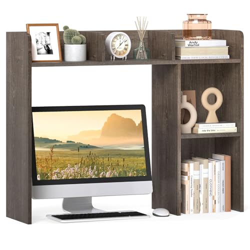 Giantex Desktop Bookshelf, Wood Desk Hutch Organizer for 27 Inch Computer Monitor, Countertop Storage Display Rack with 5 Shelves, Multipurpose Desktop Shelf Bookcase for Dorm Office Home (Grey Oak) - color: Grey Oak, size: 5 Shelves (29"H)