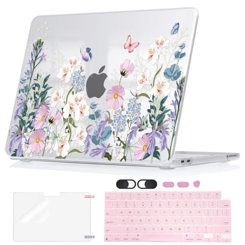Elegant Pink Floral Butterfly Hard Shell Case for 2026 Apple MacBook Neo 13 A18 Pro A3404 All-in-One Protective Kit with Keyboard Skin, Screen Protector, Dust Plugs & Webcam Cover - color: Pink Floral