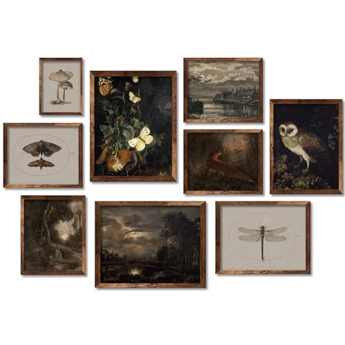 Whaline 9Pcs Dark Academia Decoration Vintage Forest Theme Wall Art Prints Plant Fox Gothic Wall Art Poster for Gallery Bedroom Living Room(UNFRAMED, Dark Color)
