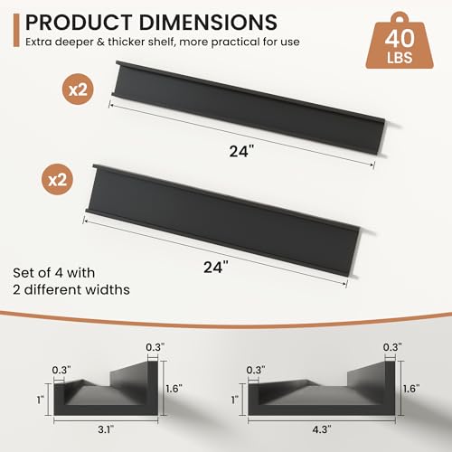 Fun Memories Picture Ledge Shelves Set of 4, 24 Inch Rustic Wall Mounted Floating Shelves with Lip for Home Storage and Décor in Bathroom, Kitchen, Nursery, Bedroom, Living Room, Black - color: Black, size: 24 inch, Set of 4