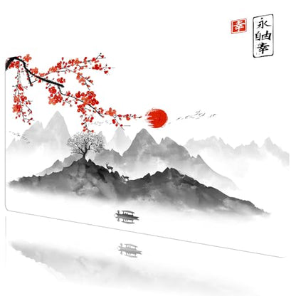 EOBTAIN Japanese Large Gaming Mouse Pad Cherry Blossom Keyboard Mat 31.5x15.7 Inch Mountain Landscape XXL Thin and Big Extended Desk Mat Smooth Non-Slip Rubber Mousepad Stitch Desk Accessories - color: Grey