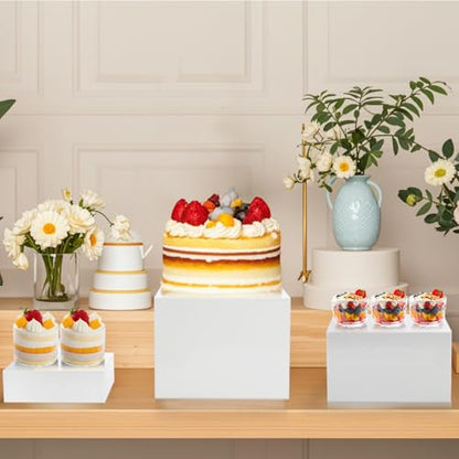 Hacaroa 6 Pcs Buffet Risers, Food Risers Dessert Cupcake Stand for Buffet Table, White Acrylic Cube Boxes for Party, Catering, Jewelry, Collectibles, Hollow Bottom, 6 Sizes (10", 9", 8", 7.5", 6.7", 6")