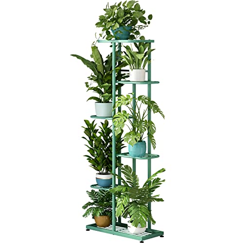 LINZINAR Plant Stand Metal 6 Tier 7 Potted Multiple Flower Pot Holder Shelf Indoor Outdoor Planter Display Shelving Unit for Patio Garden Corner Balcony Living Room (6 Tier 7 Potted, Light Green) - color: Light Green, size: 6 Tier-7 Potted
