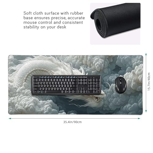 Large Chinese Dragon Mouse Pad, Non-Slip Natural Rubber Desk Mat with Stitched Edges, White and Gray, 35.4 x 15.7 Inches, Gaming - color: White Dragon