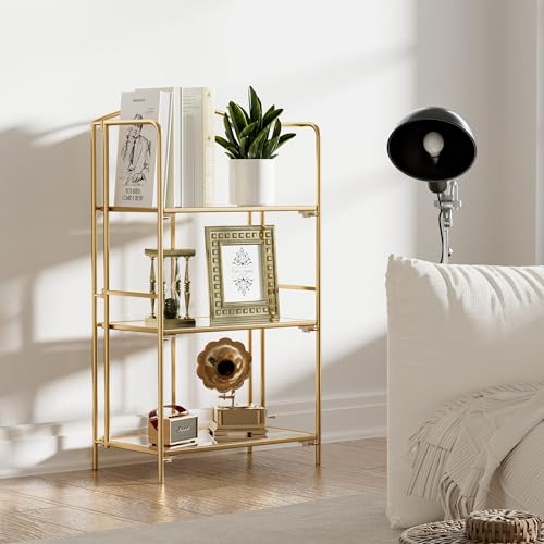 Crofy 3-Tier Foldable Bookshelf, Gold Frame & Transparent Shelves | No-Assembly Collapsible Portable Storage Organizer; Sturdy Transparent Shelves; Ideal for Living Room & Home Office - color: Gold Frame & Transparent Shelf, size: 3 Tier