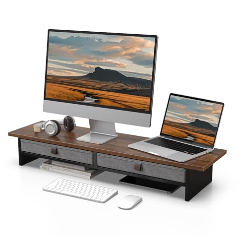 Fenge 35 Inch Monitor Stand with Drawer, 2 Tiers Dual Monitor Riser for Desk, Wooden Computer Stand for 2 Monitors, Desk Shelf for Home, Office, Laptop, PC, TV, Printer, Brown - color: Brown