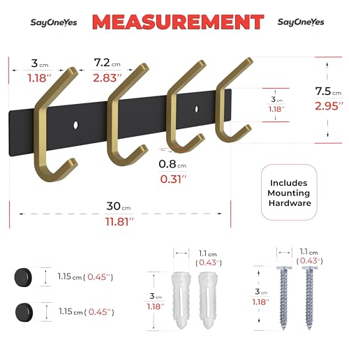 Coat Rack Wall Mount – Black and Gold Hook Rail with 4 Double Coat Hooks, 12 Inch Stainless Steel Wall Hooks for Entryway, Bathroom, Bedroom, Closet, Towel, Hat, Bag, Heavy Duty Organizer - color: Black + Gold, size: 4 Hooks - 1 Pack