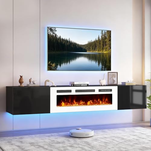 80'' Floating TV Stand with 40" Electric Fireplace, Wall Mounted Entertainment Center with Storage for TVs up to 90", Adjustable 12-Color LED Lights Media TV Console for Living Room - color: Black & White, size: 80 IN