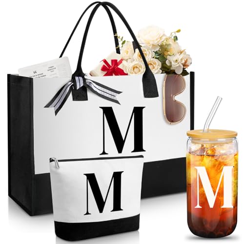 Aliceset Initial Gifts for Women Monogram Canvas Tote Bag and Makeup with Zipper and Initial Glass Coffee Cup Gifts for Her - style: Letter M