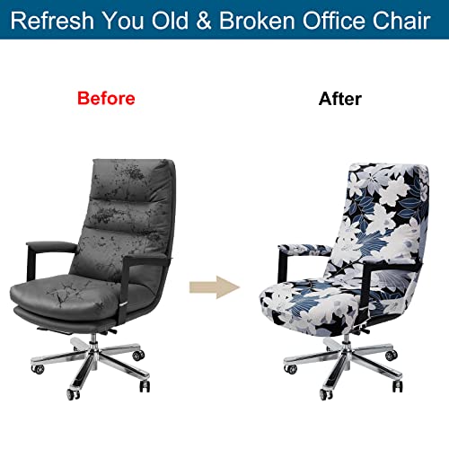 WOMACO Office Chair Covers, Stretch Computer Chair Cover with Armrest Covers, Universal Boss Chair Covers Modern Simplism Style High Back Chair Slipcover (Leaves and Flowers, Large) - color: 2-white Flowers
