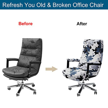 WOMACO Office Chair Covers, Stretch Computer Chair Cover with Armrest Covers, Universal Boss Chair Covers Modern Simplism Style High Back Chair Slipcover (Leaves and Flowers, Large) - color: 2-white Flowers