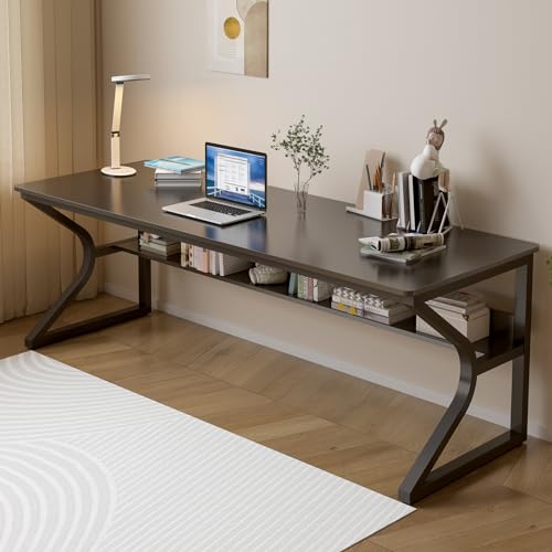 OSCHF Extra Long Desk with Bookshelf - 71" Double Long Writing Table for 2-Person Workstation, Modern Study Work Computer Desk for Home and Office, Black - color: Black, size: 71x23.6 inch