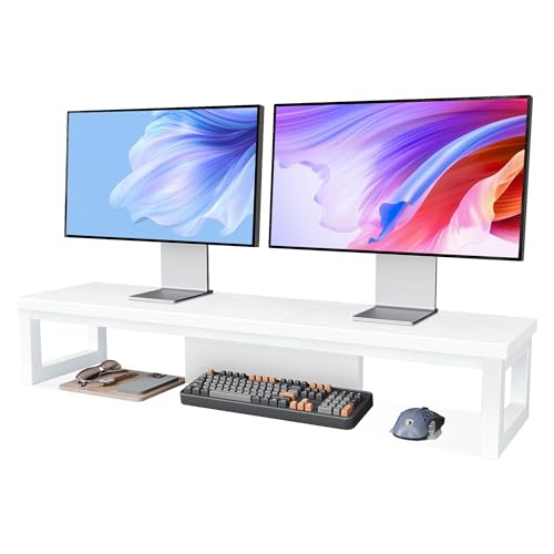 Dual Monitor Stand Riser, Large Computer Monitor Stand for 2 Monitors, Multi-Purpose Desk Organizers and Accessories, Wood and Steel Desk Shelf for Computer, Laptop, Printer, TV, White - color: White