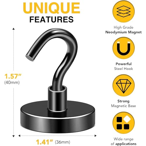 DIYMAG Magnetic Hooks,170lbs Heavy Duty Magnets with Hook Black 12 Pack | Rare Earth N52 2026 Cruise Cabin Ship Essentials for Fridge Hanging Classroom Beach Vacation Kitchen Grills Home Must Have - color: Black, size: 1.41in