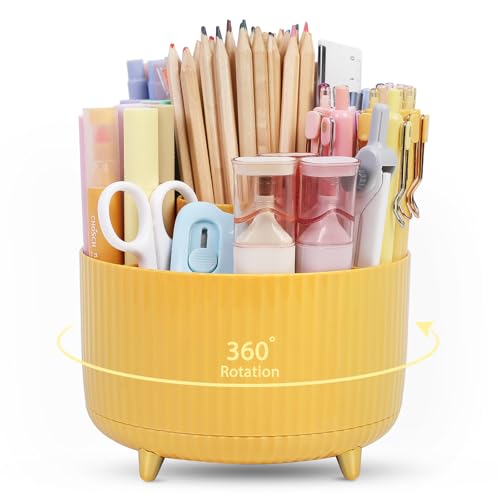 SKYDUE 360 Degree Rotating Desk Organizer, Dual-Purpose Pencil Pen Holder, Rotating Desk Pen Organizer with 5 Slots, Pencil Cup for Office, School, Home - color: Yellow_1Pack