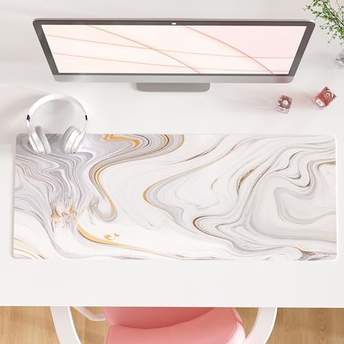 QiyI White Mouse Pad, Cute Marble Large Desk Mat, PU Leather Desk Protector Mousepad, Gold Grey Striped Waterproof Computer Keyboard Gaming Mouse Pads, Non Slip Extended Writing Pad 31.5" x 11.8" - color: Luxury Marble Ink, size: 31.5" x 11.8"
