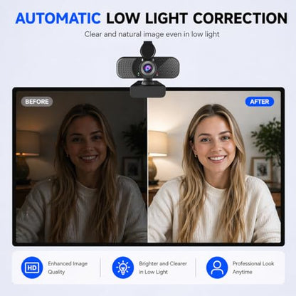 C26 1080P Webcam with Microphone, USB Computer Camera with Privacy Cover, Noise Reducing Mic, Auto Light Correction, 105° Wide Angle, Plug&Play for PC Mac Laptop Zoom Teams Streaming - style: 1080P
