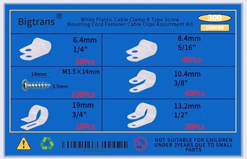 Bigtrans 300 Pcs Nylon Plastic R-Type Wire Clips with Screws 1/4" 5/16" 3/8" 1/2" 3/4" Clamps Fasteners Assortment for Cable Conduit -5 Size -White - color: White, size: 300 Pack Clips with Screws