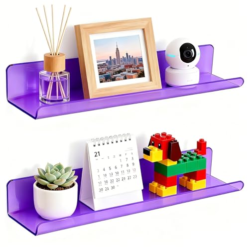 ROYALITA Small Acrylic Shelves Wall Mounted | Set of 2 | 17 Inches | Wall Hanging Plant Display Shelves, Room Decor Floating Wall Shelves for Gaming Room Bedroom, Living Room, Office, Purple - color: Purple, size: 17 Inch