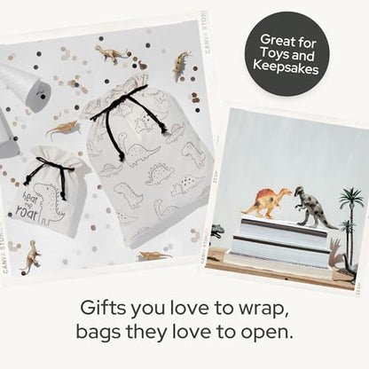 Gather & Knot Drawstring Gift Bags | Premium Canvas | 20" Large 12" Small | Reusable Fabric Wrap for Baby Shower or Boy Birthday | Dinosaur - color: Dinosaur