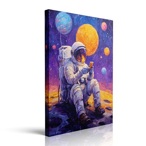 Canvas Wall Art Framed Astronaut Space Galaxy Planet Vibrant Colorful Whimsical Fun Pop Art Modern Textured Impressionist Wall Decor for Living Room Office Game Room Outer Space Decor 16x24 Inches - color: astronaut, size: 24"L x 16"W