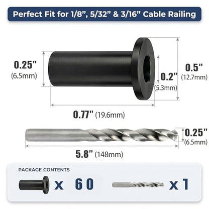 Helffer 60 Pack T316 Stainless Steel Black Protector Sleeves for 1/8" 5/32" 3/16" Cable Deck Railing Kit, Wood Post Wire Rope Hardware with Drill Bit