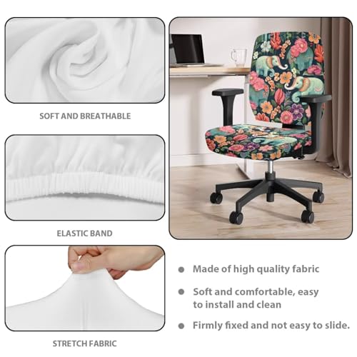 Floral Elephant Office Chair Covers Stretchable Office Chair Seat Cover 2 Piece Washable Gaming Chair Cover Universal Fit Most Wheelchairs,Computer Chairs,Gaming Chairs - color: Floral Elephant